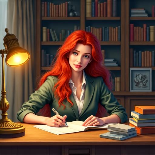Young woman with long red hair in pensive thought at her writing desk