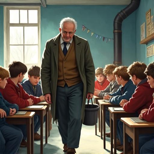 Elderly man retreating from a classroom of boys with a bucket of coal, a scene from the 60s